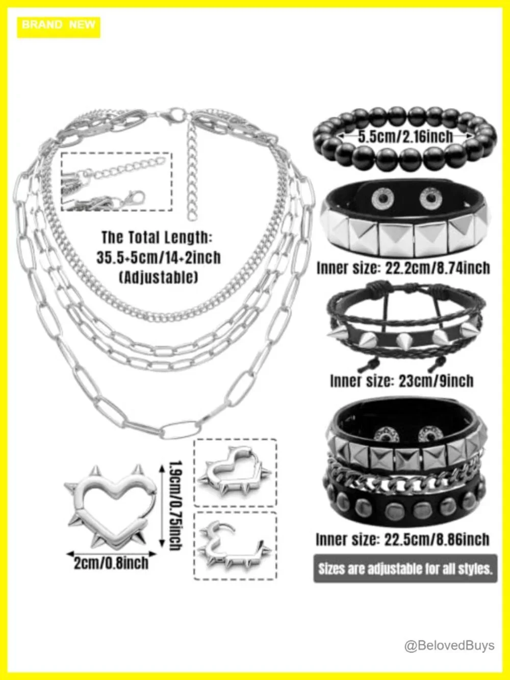 6 Pc Punk Studded Bracelet Set Gothic Necklace Earrings Faux Leather Y2K Grunge
